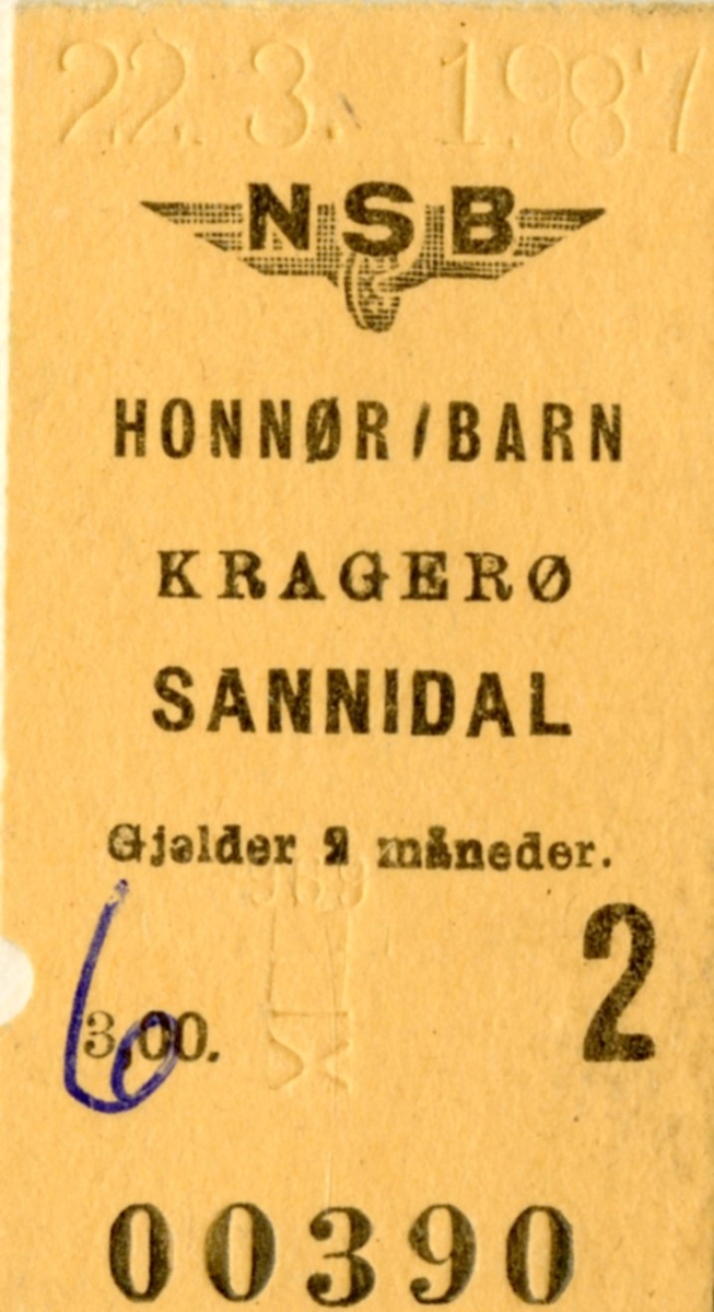 Fire forskjellige NSB billetter på strekningen Neslandsvatn -Kragerø. 1987. Kragerøbanen.