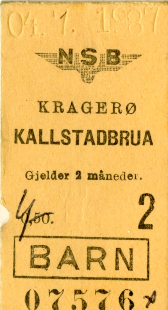 Fire forskjellige NSB billetter på strekningen Neslandsvatn -Kragerø. 1987. Kragerøbanen.