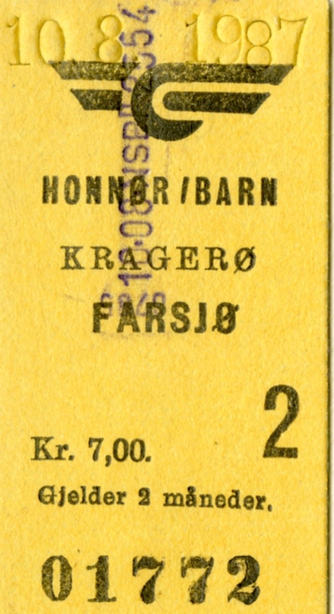 Fire forskjellige NSB billetter på strekningen Neslandsvatn -Kragerø. 1987. Kragerøbanen.