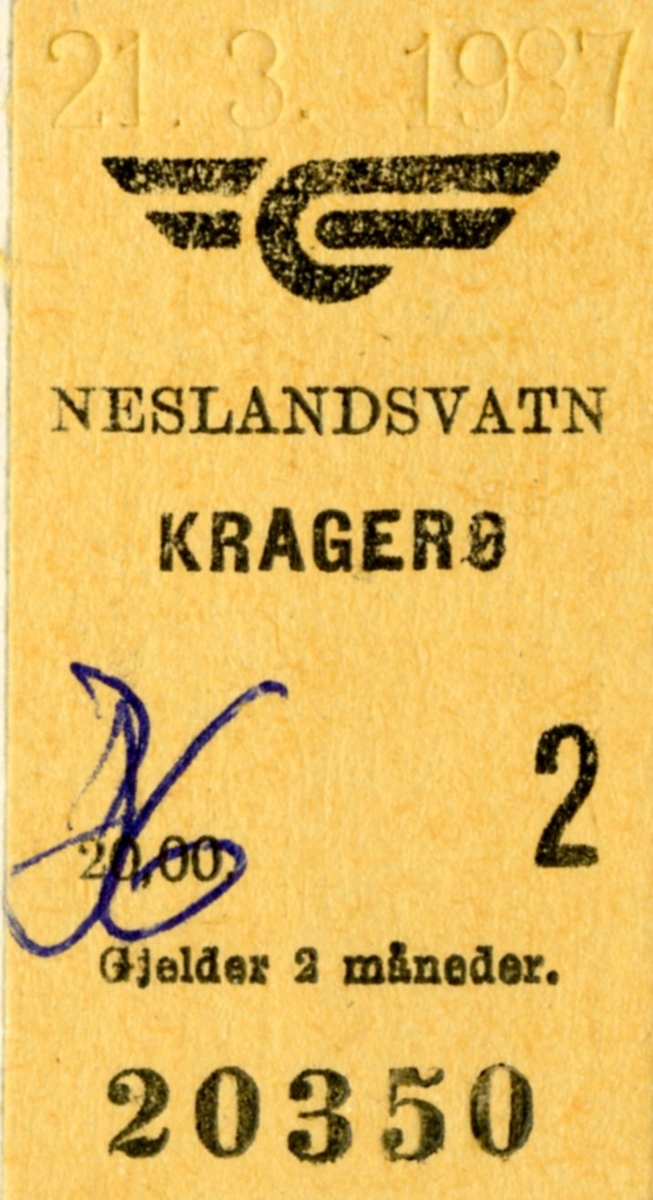 Fire forskjellige NSB billetter på strekningen Neslandsvatn -Kragerø. 1987. Kragerøbanen.