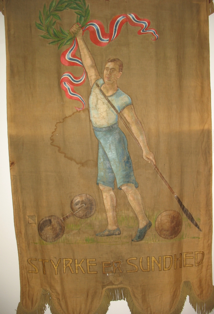 Forside: tekst, eikeløvkrans "turnlogoen" (de 4 F`er). 
Bakside: Mann (gutt) med spyd, laurbærkrans med norsk bånd, samt vektstand og kule.