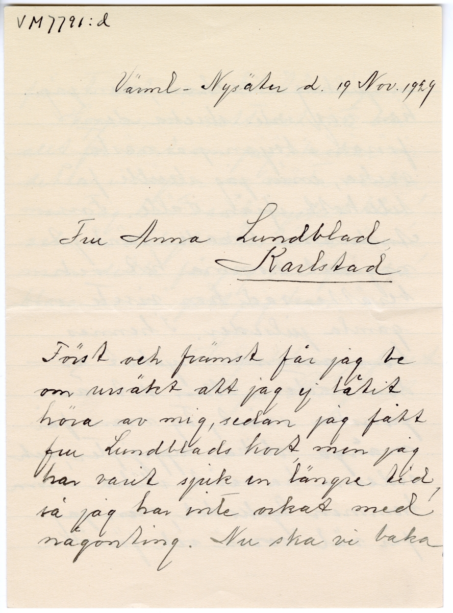 Brevsamling från skilda personer i Värmland rörande gamla julseder.
:4 Maja Bergvall, Värmland, Nysäter 19/11 1929.