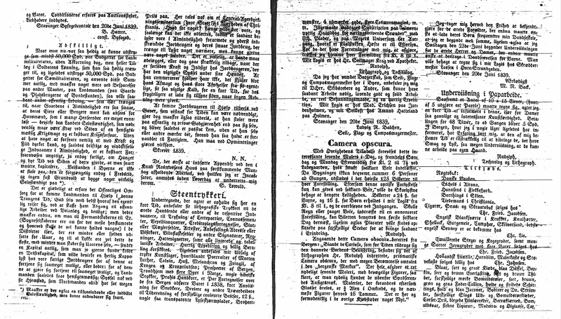 Stavanger Adresseavis, 20. juni 1839. Kopi av Stavanger biblioteks mikrofilm.