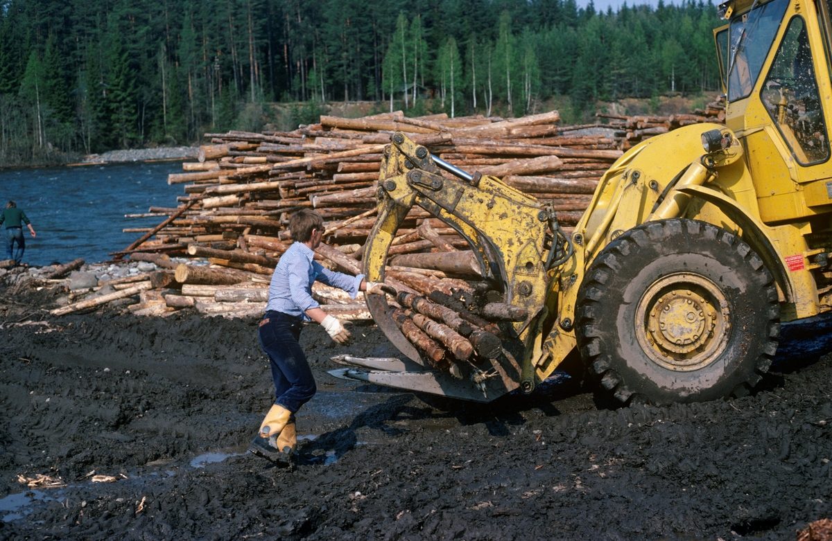 Fra Glomma fellesfløtingsforenings «vassdragsterminal»  eller «tømmerterminal» på østsida av Strandfossen i Glomma, i Elverum kommune i Hedmark. Fotografiet ble tatt i 1981. Her ser vi en ung mann med arbeidshansker som ordnet tømmer mellom «klørne» på en griplaster, som skulle bære fløtingsvirket ned mot elvebredden, der det ble utislått.

Glomma fellesfløtingsforenings vassdragsterminaler var store, bulldoserplanerte tømmeropplagsplasser der fløtingsvirke ble levert med lastebiler gjennom driftssesongen i vinterhalvåret. De store virkesvolumene som ble samlet ved hver av disse terminalene åpnet for mekanisering av barkinga og for maskinelt utislag når fløtingssesongen startet. Disse anleggene oppsto som en konsekvens av at det ble bygd et vidgreinet nett av skogsbilveger i de første to-tre tiåra etter 2. verdenskrig. Det viste seg at det ble billigere å hente fløtingsvirket med lastebiler fra ved disse vegene enn å organisere det arbeidet som måtte til for å transportere det med det rennende elvevannet. Terminalene ved hovedvassdragene ble altså bygd da fløtingsaktiviteten i mange av de over 100 mer eller mindre vanskelig fløtbare sideelvene ble avviklet i 1960-åra. Det var de regionale fløtingsinspektørene som gjorde avtaler med transportører som kjørte fløtingsvirket fra velter langs skogsbilvegene til hovedvassdraget. Vassdragsterminalene ble anlagt av Glomma fellesfløtingsforening i samarbeid med Glommens Tømmermaaling. Fellesfløtingsforeningen tok vanligvis 75 prosent av opparbeidings- og vedlikeholdskostnadene, og betalte naturligvis for det maskinelt utstyr og arbeidskraft på vassdragsterminalene. Også for tømmermålerne innebar lastebilleveransene av tømmer ved vassdragsterminalene effektiviseringsmuligheter. Ettersom det stort sett var «slipvirke» - cellulosevirke med lavere verdi enn «sagtømmeret» som skulle bli skurlast – som ble fløtet fra terminalene, tillot de seg å foreta lassmålinger i stedet for å måle hver enkelt stokk. Ifølge et kart Glomma fellesfløtingsforening fikk utarbeidet på den tida dette fotografiet ble tatt hadde organisasjonen 46 terminalplasser ovenfor Glommas møte med Vorma på Øvre Romerike.