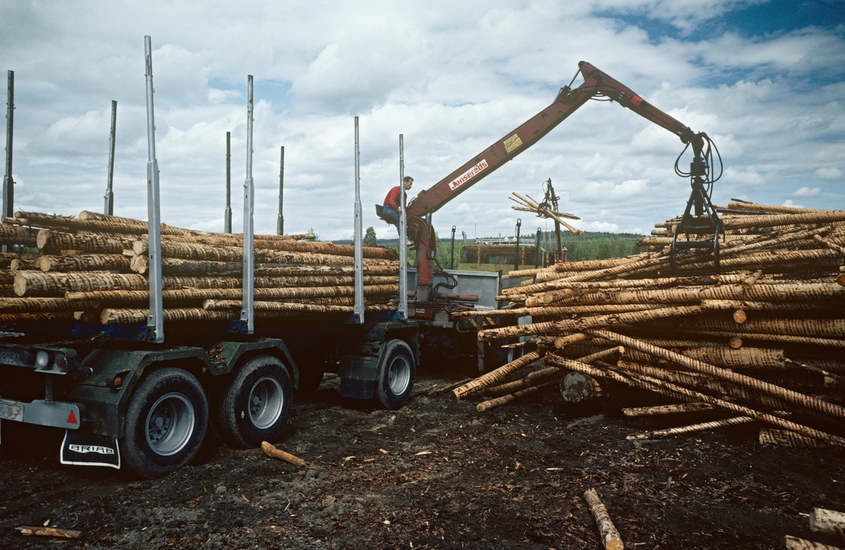 Tømmeravlasting på opplagsplass på Løvbergsmoen, nordøst for kommunesenteret Leiret i Elverum i 1985. Vi ser to lastebiler med tilhengere, begge med kraner som ble brukt til å løfte tømmeret av bilene og legge det i lunnevelter på det som antas å ha vært tomta til Løvbergsmoen sag og høvleri. Denne bedriften ble etablert i 1947-48 av brødrene August og Arve Smedstad i samarbeid med grunneier Oliver Møystad. Virksomheten ble seinere videreført av neste generasjon, før den ble solgt ut av Smestad-familien. I denne fasen gikk man over fra å være skurlastprodusent med lokalt utsalg til å bli byggevareforretning. Om virksomheten i den perioden da dette fotografiet ble tatt har Stein Smedstad fortalt følgende: Man kjøpte da inn småtømmer av furu og gran som man splittet opp og tørket strølagt ute på tomt. Først ble tømmeret kløvd på kantbenken deretter kjørt gjennom kløvsaga. Så gikk planken til tørk. Etter tørking, strølagt ute på tomt, ble plankene tatt inn til ny "behandling" i sagbruket. Da kjørte man plankene på dobbletkanta og fikk trelast med bredder på 3, 4 og 5 tommer og tykkelser på 1 1/2 og 2 tommer. Denne tørkeprosessen ute på tomt gav en vannprosent på cirka 18. Kvaliteten ble bedre og man fikk et rett og tørt virke som man slapp å kjøre i høvelen.