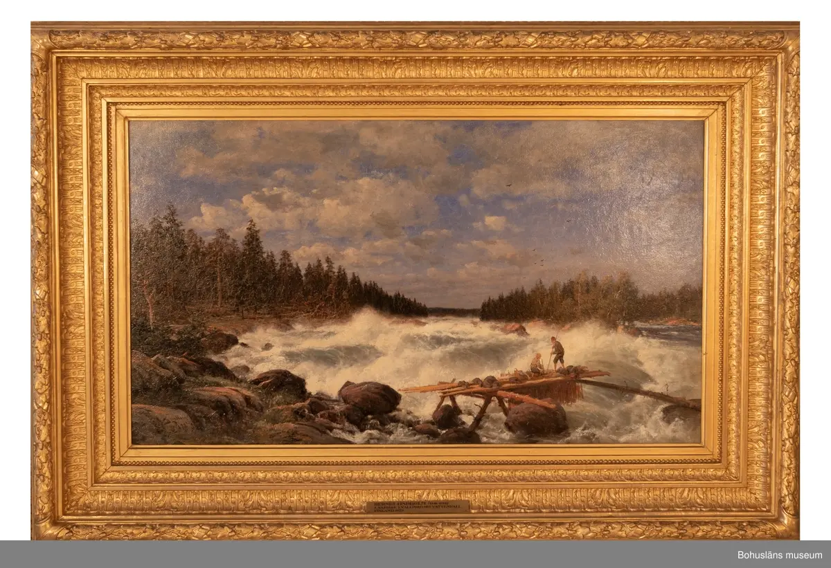 Montering: Dekorerad förgylld ram.
Ur Nationalencyklopedin:
Lindholm, Berndt, 1841-1914, finländsk-svensk konstnär, från 1876 bosatt i Göteborg, 1878-1905 intendent vid Göteborgs museums konstavdelning. Lindholm var framför allt landskapsmålare och tog som sådan starka intryck från Barbizonskolan. Han hämtade sina motiv främst från Bohuslän och hans måleri kännetecknas av realistisk landskapsåtergivning med bred penselföring men även känsla för detaljernas betydelse. 

Ur handskrivna katalogen 1957-1958:
B.A Lindholm: Laxfiske.
H.67,6 Br. 118. "B. Lindholm 1879". Olja på duk.