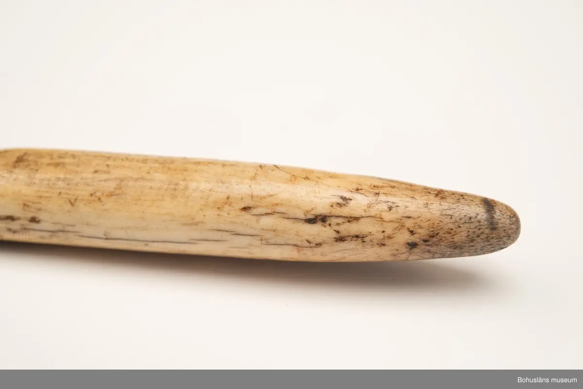 Rund pinne med triangulärliknande platta upptill. På en av sidorna finns ristad och svärtad dekor bestående av två korsade bladslingor med en rosett i mitten.
Baksidan har mörknat på grund av användning.

Ur handskrivna katalogen 1957-1958:
Två selpinnar av ben
b) Mått: 16,7 x 7,5 cm; form som föreg; dekoren har rankor och en stiliserad blomma. Hel.

Svar på förfrågan kring föremålen UM003945, UM004440, UM004441, UM004442 till Ajttemuseet, Jokkmokk januari 2007, som skriver:
Vi uppfattar inte föremålen som direkt samiska, inte heller i gravyren. Visst har det funnits bofasta samer, så det kan vara möjligt, men ofta hade de också renar för transport. 
Enligt Stig Harry Johansson, Tärnaby som besökte museet 17/3 1988 är föremålet tillverkat av horn från älg eller ren.

Lappkatalog: 40

Litt.; Nylén, Anna-Maja, Hemslöjd, Håkan Ohlssons förlag, Lund, 1978, s. 396-401.