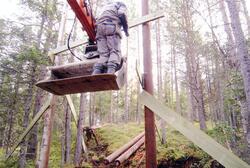 Dugnad i 2018 i Supulbakkjin. 8-10 personar var med på dugnad dette året. Det blir laga stillase. Me ser Ragnar Ulviksbakken i gravemaskinskuffen til Roar Halbjørhus.