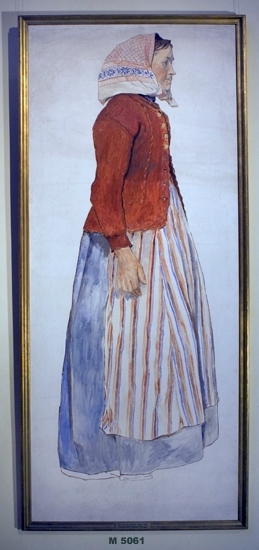 Oljemålning på duk.
Kvinna i randigt förkläde, röd jacka och huckle. 
Helfigur. Profil. 
Förlaga till målning i dåv. Göteborgs Stadsbibliotek. (Numera Universitetsbiblioteket, Göteborg).
