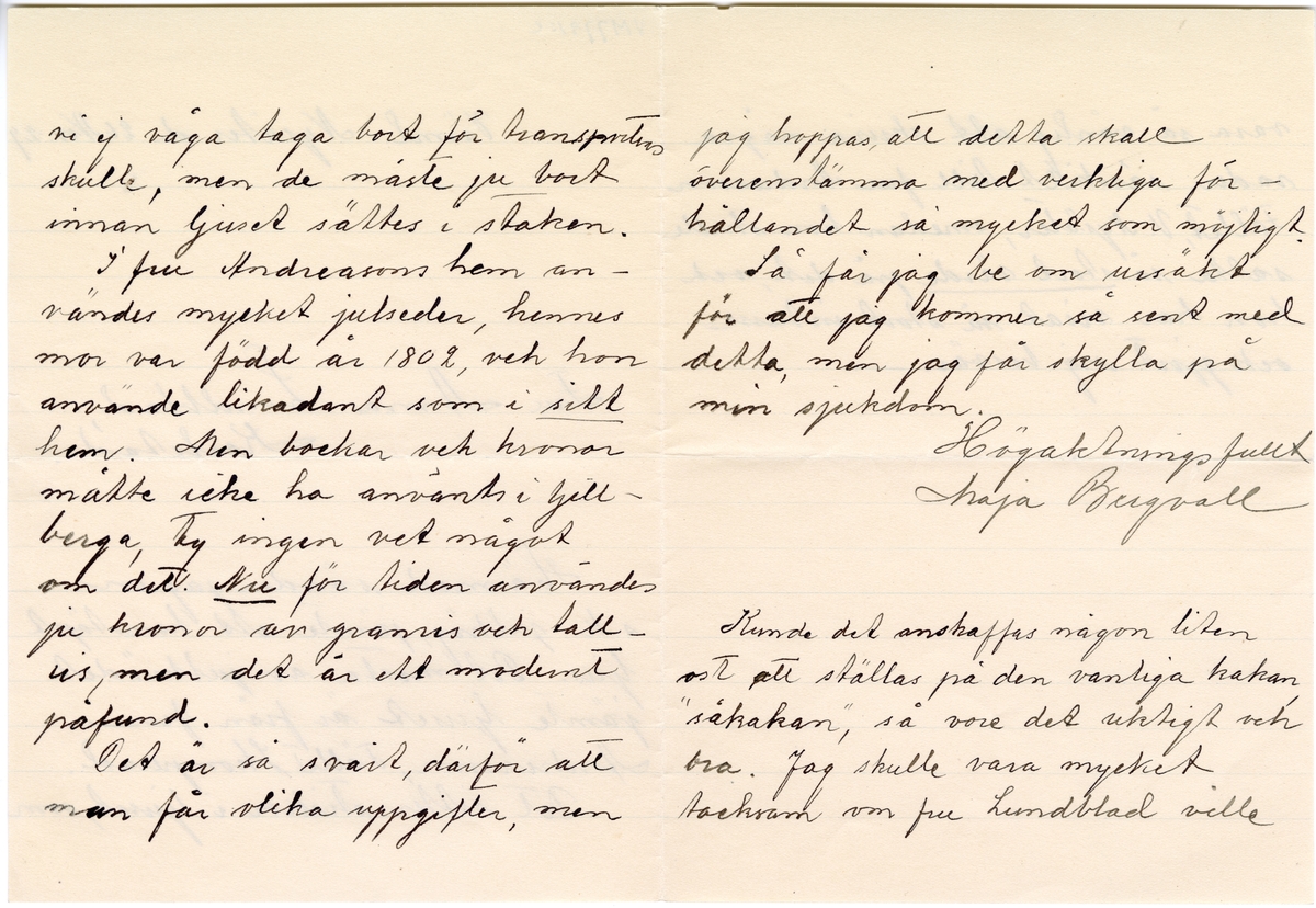 Brevsamling från skilda personer i Värmland rörande gamla julseder.
:5 Maja Bergvall, Värmland, Nysäter 26/11 1929.