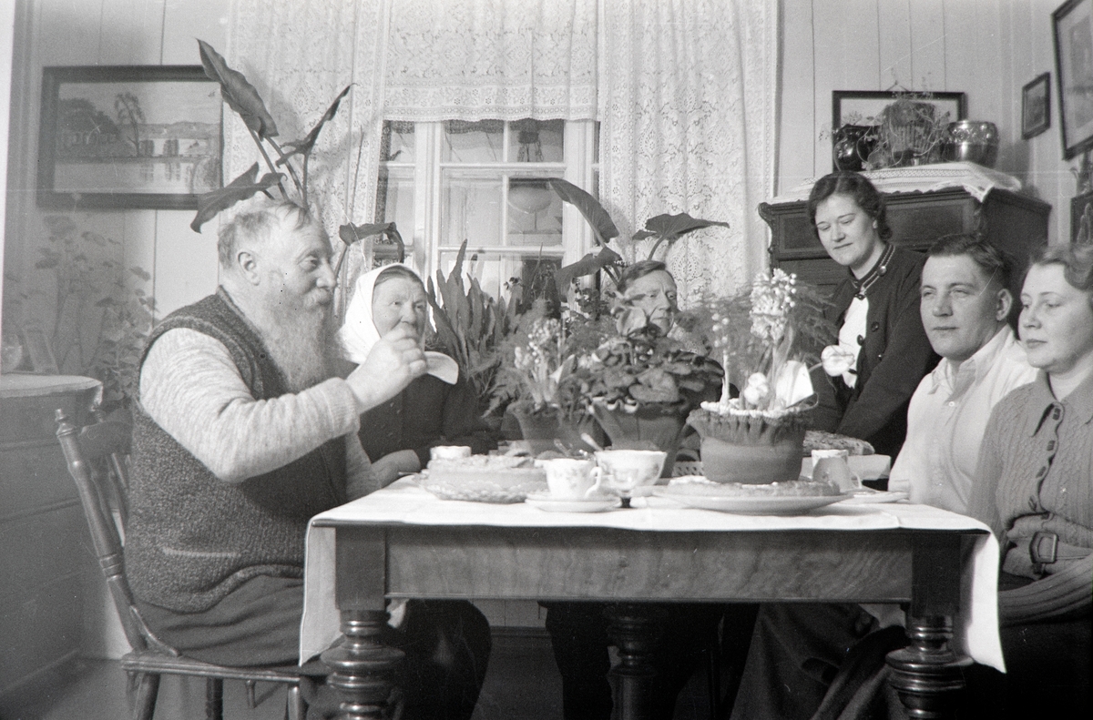 Pauline Fuglesang,s 70 års-dag, den 08.01.1938. Bilde tatt hjemme i Fuglesang under Atlungstad gård.
fra venstre: Anton Fuglesang ,Pauline Fuglesang, i midten nesten gjemt bak blomstene Johan.A Fuglesang, Anna Fuglesang, Karl Olsen og Anna Olsen.
