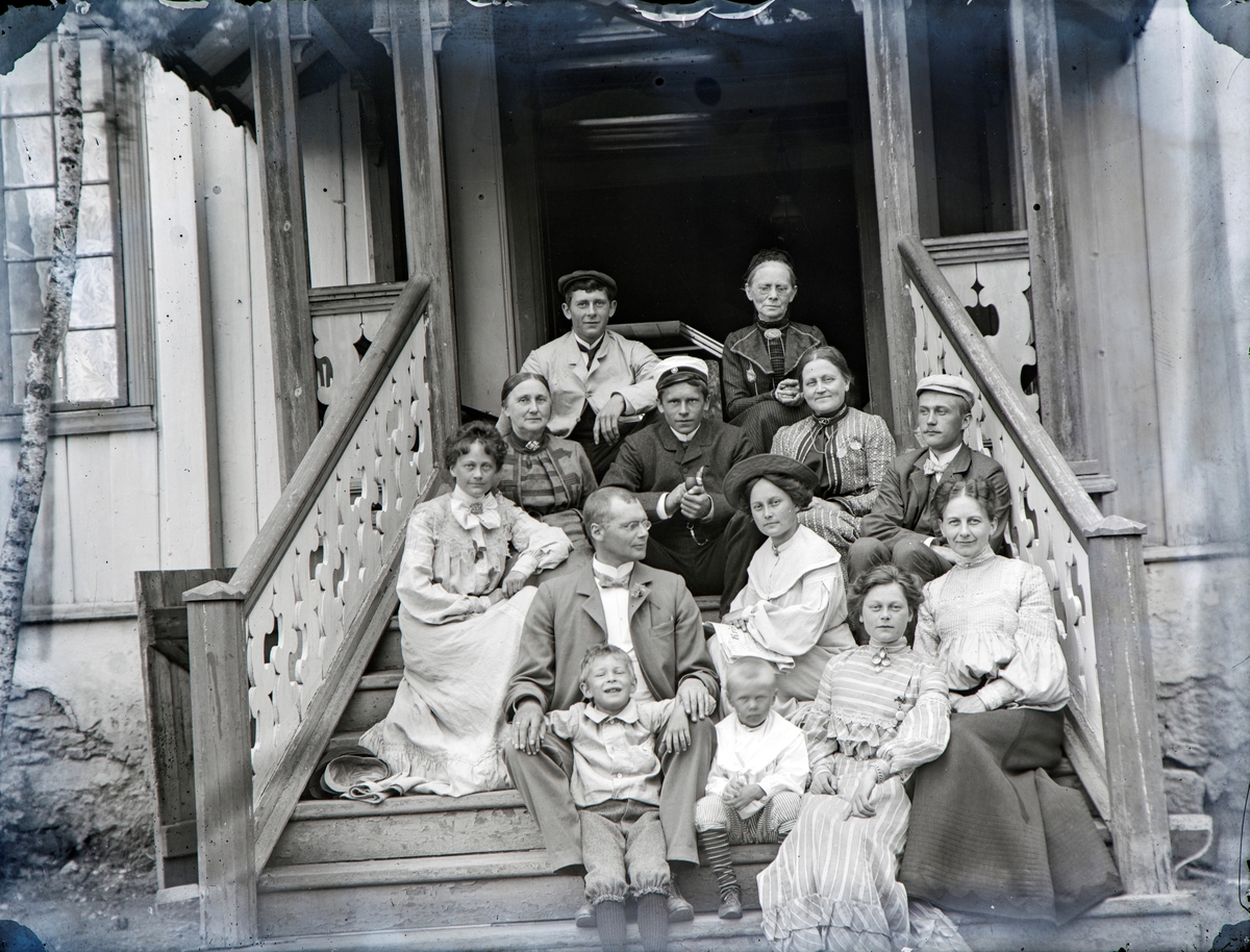 Familiegruppe sittende på inngangstrappen til hovedhuset på Hovinsholm. Bildet er antagelig fra 1904. 
Foran fra v.: Thorleif Hoel (1865-1947) med Reidar Ramm Boe (f. 1897), Jacob Hoel (1899–1997), kusine Pauline Augusta Ramm Hoel (1881–1968) fra Kjelsrud, (Pau), Marie Kobberstad (1865-1960) g.m. Thorleif Hoel. 
Anne rekke fra v.: Johanne Mathea Hoel (Jonne) (1871-1954) og søsteren Marie Ramm Hoel (Duska) (1874-1966)
Tredje rekke fra v.: Albertine Møller (1842-1926) g.m. Jacob Hoel (1840-1905), sønnen Gustav Hoel (1884-1972) (tok artium dette året). Emma Helene Mathilde Thommesen (1849-1932) gift med Georg Hoel (død 1889) og sønnen Trygve Ramm Hoel (1879-1946) 
Bakerste rekke fra v.: Jacob Albert Hoel (1882-1919), Marie Thommesen (1833–1922)