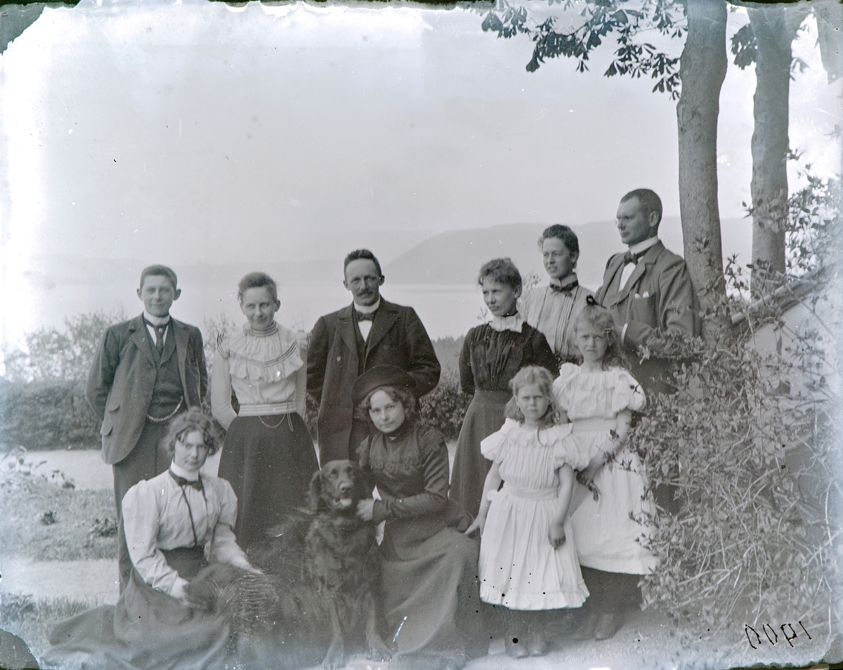 Fra Kapittelbakken på Hovinsholm, med utsikt over Storfjorden mot Skreia i 1900. 
Bak fra v: Albert Jacob Hoel, svigerinne Marie Kobberstad Hoel, Jens Steen, gift med Ragnhild Marie Hoel, to ukjente, Thorleif Hoel.
Foran fra v.: Sigrid Pauline Hoel med hunden Rex og søsteren Ragnhild Marie Hoel med hunden Sacha, søstrene Thora Hoel og Martha Louise Hoel.
