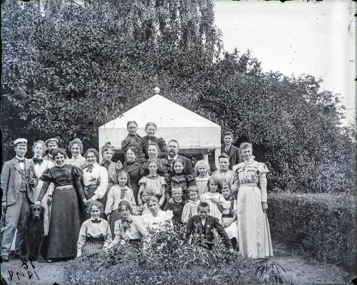 Foran «kaffeteltet» på en av terrassene i hagen på Hovinsholm, 1898.
Fra venstre bak.: Albertine Møller og Marie Møller.
Fra venstre bakre rekke: Helge Ramm Hoel, Marie Ramm Hoel?, Johan Christian Hoel, Ragnhild Marie Hoel med hunden Sacha, Agnes Olsen, Sigrid Pauline Hoel, Ingeborg Rogneby?, Ragna Rogneby, Lagertha Møller og Baltazar Meyer (på besøk fra Chicago) Albert Jacob Hoel
Tredje rekke fra midt på, barn: Ragna Møller, Bergljot Rogneby m.?, Lilly Meyer, Bergljot Bassøe, ukjent 
Foran på bakken: ukjent, Pauline Augusta Ramm Hoel, Cecilie barnepike, Einar Møller, Thora Hoel, Gustav Hoel, ukjent, Ambjørg Rogneby, stående: Frk Styhr.