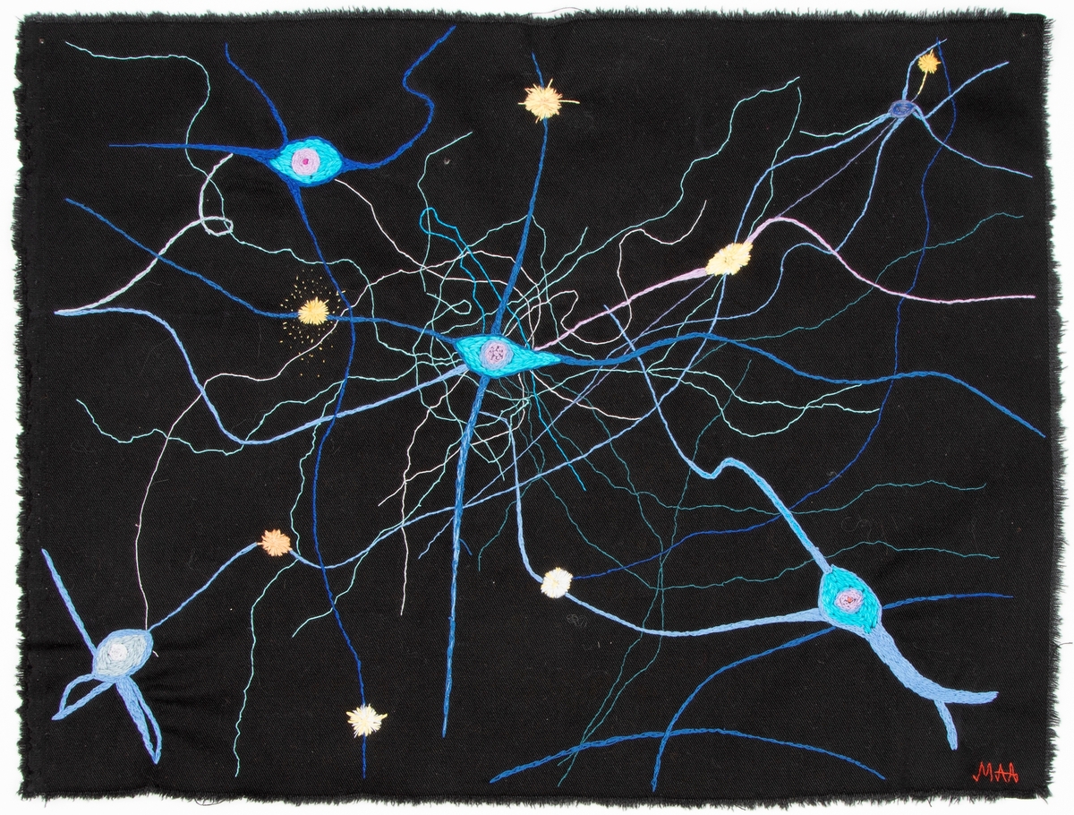 Motivet er en abstrakt representasjon av nervesystemet, med nervetråder og nerveceller. Motivet er brodert i ulike blå og grønne sjatteringer med innslag av rosa og gult på svart bakgrunn.
Ifølge kunstner er temaet mutasjoner i genene som følge av radioaktiv eksponering ved atomkrig.