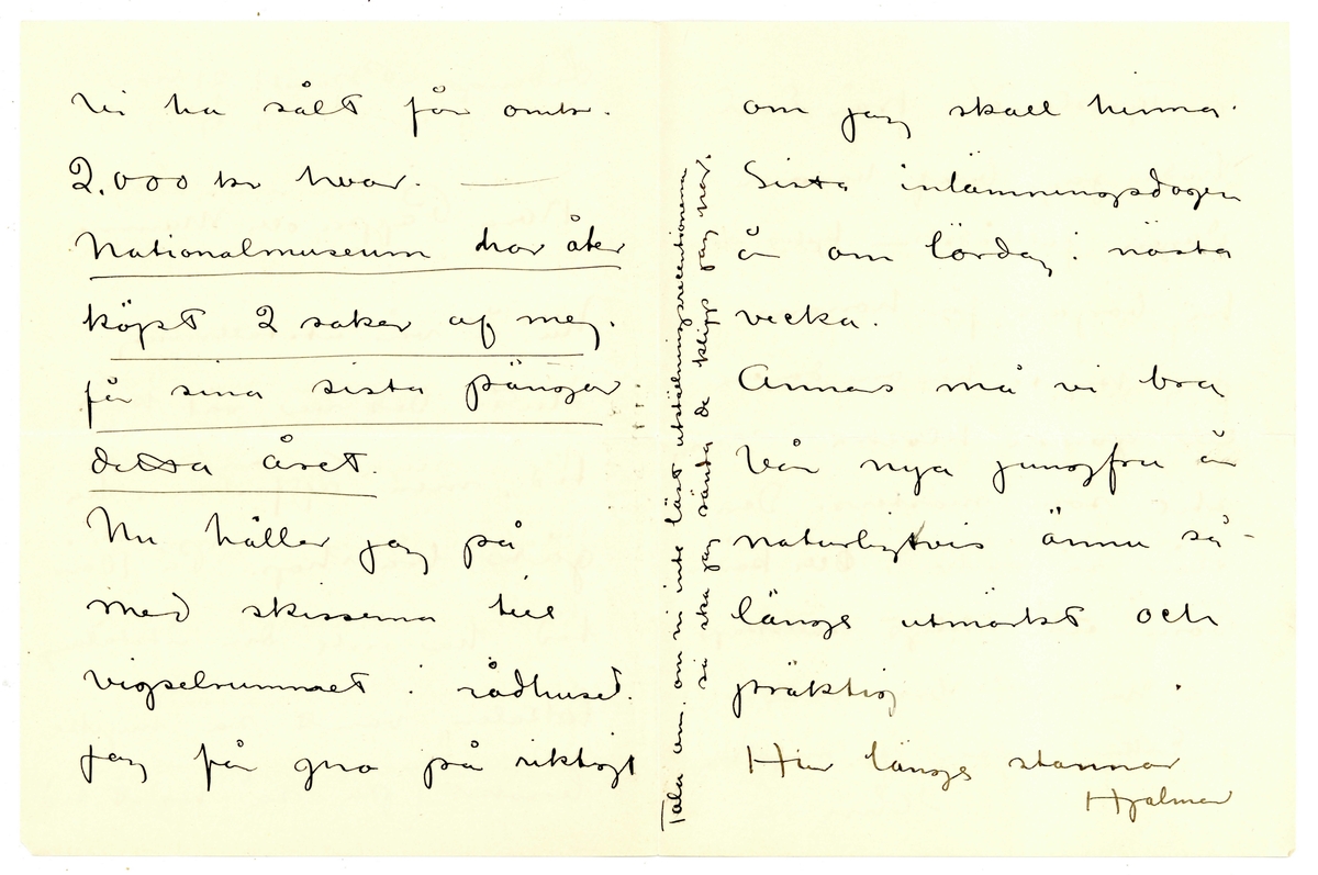 Brev 1911-06 från John Bauer till Ernst Bauer, bestående av fyra sidor skrivna på fram- och baksidan av ett vikt pappersark. Huvudsaklig skrift handskriven med svart bläck. 
.
BREVAVSKRIFT:
[Sida 1]
Lidingö-Brevik 21 nov.
1913
.
Kära Pappa och Mamma
.
Nu ä vå utställning
slut. Det var väl kort
tid, men affärerna ha
gått bra ihop. På 10 års
tid ha inte den utställnings
lokalen varit så mycke
besökt (på så kort tid.)
.
[Sida 2]
Vi ha sålt för omkr.
2.000 kr hvar. ------
[understruket] Nationalmuseum har åter
köpt 2 saker af mej.
för sina sista pängar 
detta året.
Nu håller jag på
med skisserna till
vigselrumet i rådhuset.
Jag får gno på riktigt
.
[Sida 3]
om jag skall hinna.
Sista inlämningsdagen
är om lördag i nästa
vecka. 
Annars må vi bra
Vår nya jungfru är
naturligtvis ännu så-
länge utmärkt och
präktig
Hur länge stannar
Hjalmar
.
[Sida 4]
i Tyskland? Från Ernst
hade jag bref härom
dagen. Julbrådskan tycks redan
ha börjat för honom.
Jag köpte här om dagen
en gamal klocka i samma
stil som mosters. Den
slår så vackert [överstruken bokstav] och käns
som ett riktigt sällskap
Ja, vi må bra och
Esther hälsar så mycke
John.  
.
[Längs sidan av sidan 3]
Tala om om vi inte läst utställningsrecentionerna
Så ska jag sända de klipp jag har.