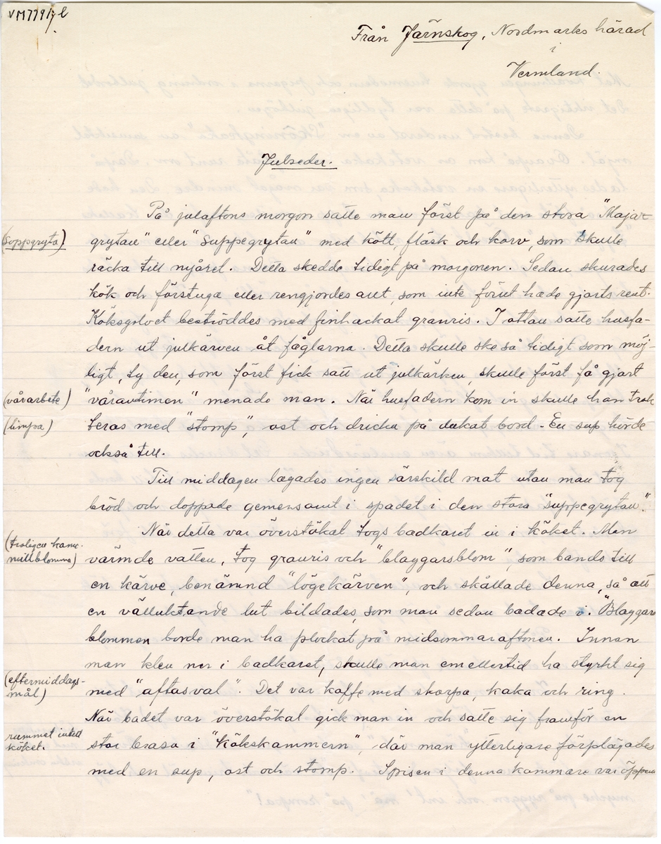 Brevsamling från skilda personer i Värmland rörande gamla julseder.
:8 Sven. T. Älveby, Järnskog 8/12 1928.
Brevet är registrerat i två underposter från början (:l och :m) och består av två lösa ark.