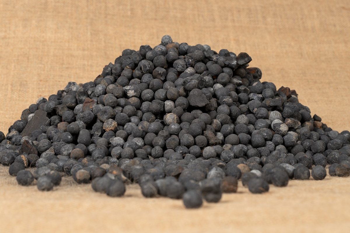 Muskötkulor från kistan, med cementrester (diameter: 10-12 mm, vikt per kula: 6-9 gram, totalvikt: 11.860 kg).
Material: cement och bly
Mått: diameter: 10-12 mm, vikt per kula: 6-9 gram, totalvikt: 11 860 kg