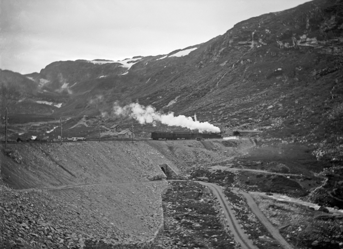 Toget går  inn i tunnelen
Gravhalstunnelen, Bergensbanen
Fotografert 1920