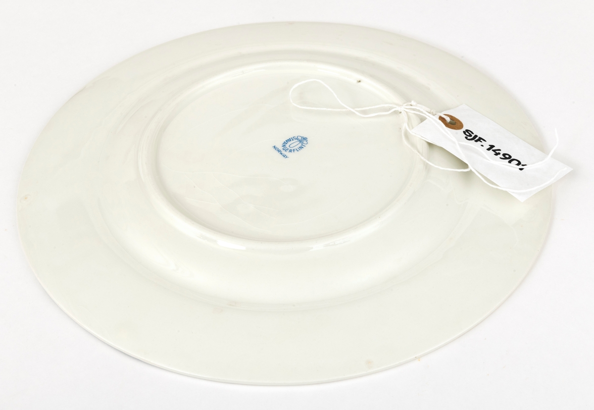 Tallerken, porodusert i forbindelse med Norges Jeger- og Fiskerforenings 100-årsjubileum i 1971. Det er en rund tallerken med 28,4 centimeters diameter. Den sentrale delen er forholdsvis plan, men med oppoverbuete sidekanter som danner ei skål med snaut 20 centimeters diameter. Utenfor dette partiet er det en 4,3 centimeter bred utoverskrånende kant. Tallerkenen er kvit, men har blå dekor. Sentralt i skåla har man gjengitt ei strektegning av en elg som slurper i seg vann og vannplanter i strandsona mot et skogstjern, der den speiles i vannflata. I vannet, og noe mindre framtredende, skimter vi en fisk som har skapt ringer på vannspeilet. Rundt ytterkanten av tallerkenen er det en slags bord som er blå med kvite streker. Her finner vi den jubilerende organisasjonens initialer, «N.J.F.F.», der de to første og de to siste bokstavene skilles av organisasjonens logo, et stilisert reinhode med gevir omgitt av en ring med stiliserte fisker. Også årstallene «1871» og «1971» og en påminnelse om den mellomliggende perioden «100 ÅR» som ble feiret med jubileum inngår i kantdekoren. På undersida av tallerkenen er det en sirkeformet vulst med ytre diameter på 15 centimeter som skulle sikre at tallerkenen sto støtt på et plant underlag. I denne vulsten er det to gjennombrutte hull for eventuell opphengshempe. Sentralt på undersida finner vi produsentens logo - ei stilisert steinøks med produsentens navn «STAVANGERFLINT» i en hesteskoform rundt skaftet. Under finner vi opphavslandet «NORWAY» på ei rett linje.

Dette er en tallerken som det naturligvis gikk an å spise middagsmat fra, eller kanskje til å servere småkaker på, men det var nok neppe med tanke på slike funksjoner den ble produsert. Tallerkenen var nok primært et utstillingsobjekt som skulle markere tilhøringhet til organisasjonen Norges Jeger- og Fiskerforbund og delaktighet i dens jubileumsfeiring. Hva man feiret framgår av en historisk artikkel som er gjengitt under fanen «Opplysninger».