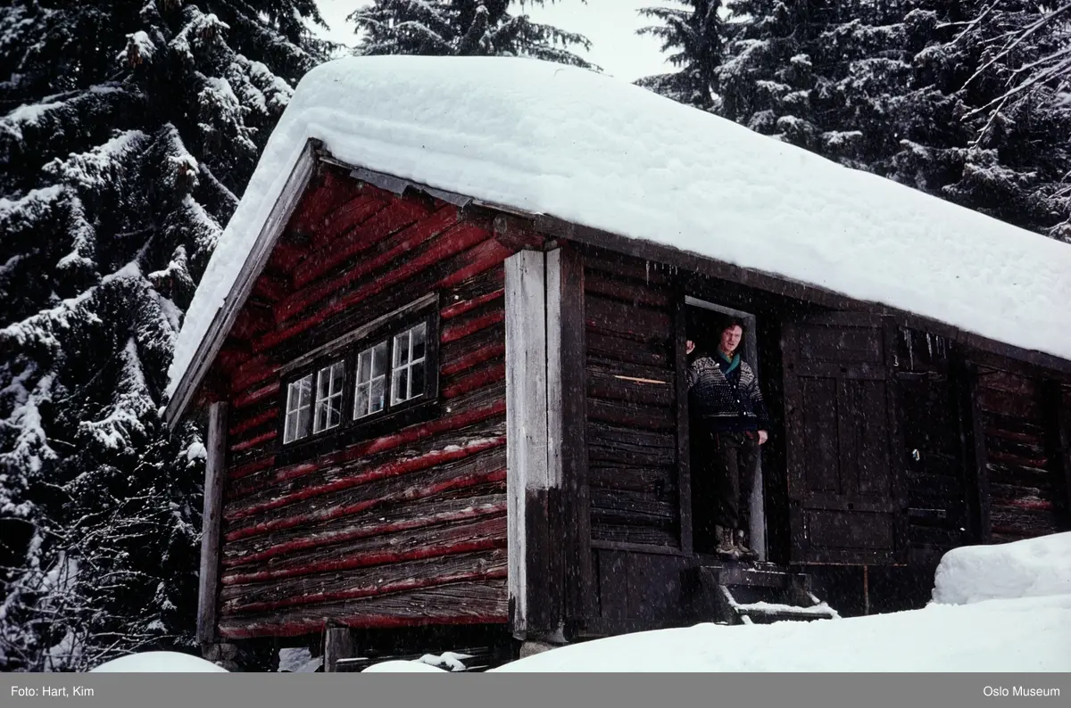 husmannsplass, uthus, mann, snø, skog