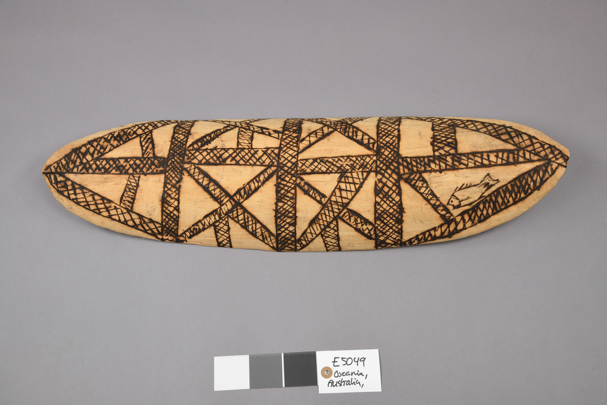 E 5049 Fra protokoll: "Innsamlingstraug av samme type, materiale og form som 5047. Undersiden dekorert med innbrente geometriske mønstre og en fiskefigur. L: 65,1 cm,#Br.: 18,4 cm x 6,9 cm. Nord-Australia, Port Keats."