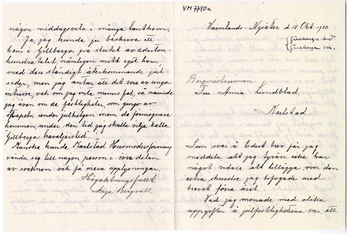 Brevsamling från skilda personer i Värmland rörande gamla julseder.
:1 Maja Bergvall, Värmlands Nysäter, 18/10 1930