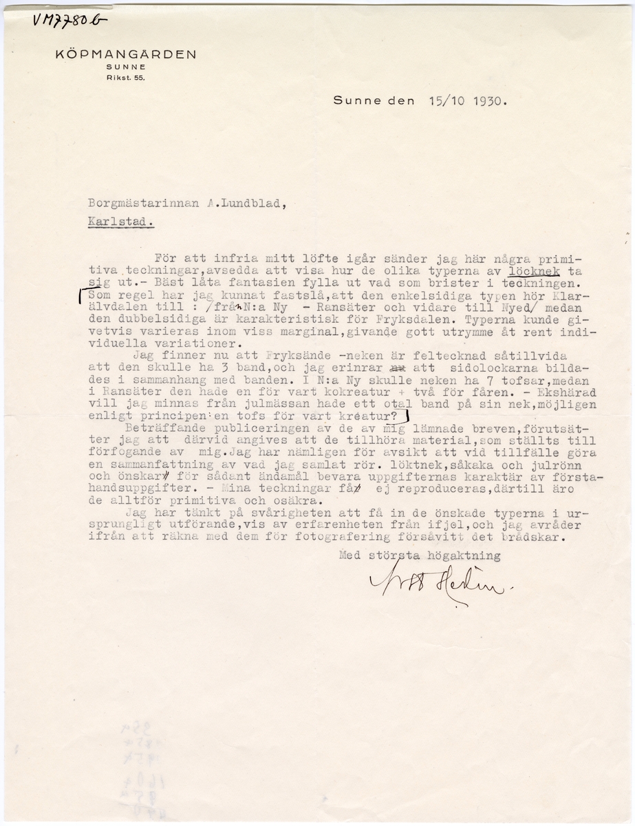 Brevsamling från skilda personer i Värmland rörande gamla julseder.
:2 Nathan Hedin, Köpmangården i Sunne, 15/10 1930