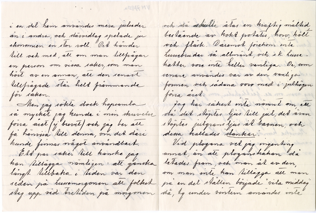 Brevsamling från skilda personer i Värmland rörande gamla julseder.
:1 Maja Bergvall, Värmlands Nysäter, 18/10 1930
