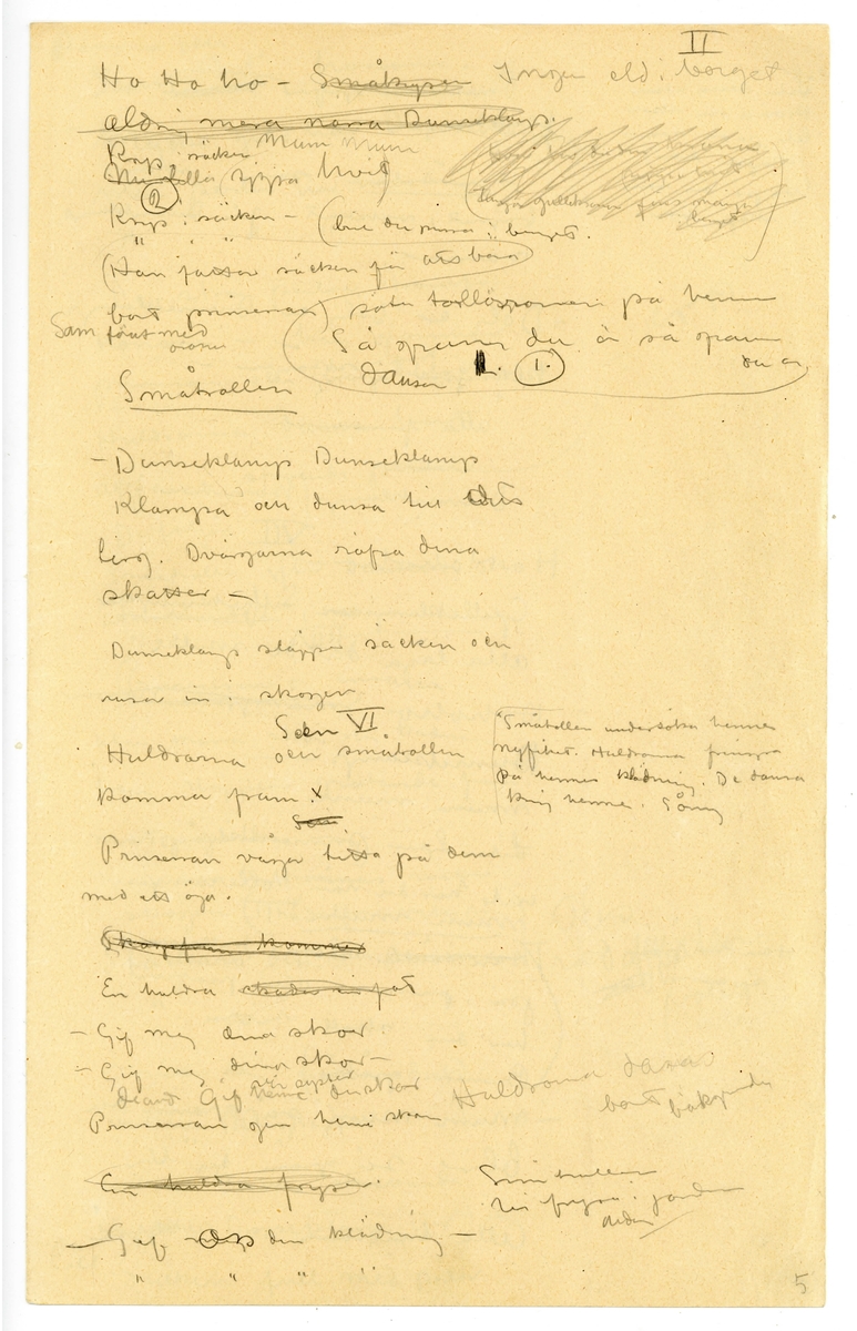 Manuskript, synopsis för "Prinsessan med trollöron" av John Bauer 1915, bestående av åtta sidor skrivna på fram- och baksidan av tåv vikta pappersark. Huvudsaklig skrift handskriven med blyerts och svart bläck. På sjätte sidan finns en skiss av ett troll. 
.
BREVAVSKRIFT:
.
[Sida 1]
Prinsessan
med
Trollöronen
Förslag
till
sagospel på Skansen
sommaren 1915.
.
[Sida 2]
Obs. Tomten
.
[Sida 3]
II
Ho Ho Ho - [överstruket: Små krypen] Ingen eld i berget
[överstruket: aldrig mera narra Dunseklamp.]
Rep säcken Mum Mum
[skrivet till höger och överstruket: -- -- du din krona
-- --
Tunga gullekronor finns många
i berget]
[överstruket: Nu lilla] (sippa hvit)
[inringad: 2]
Kryp i säcken . (blir du p---? i berget.
(Han fattar säcken för att bara
bort prinsessan) säta trollöronen på henne
f--? med oronen Så grann du är så grann 
du är
dansar [inringad: 1]
[understruket: Småtrollen]
-Dunseklamp Dunseklamp
Klampa och dunsa till ditt
berg. Dvärgarna röfva dina
skatter -
Dunseklamp släpper säcken och
rusar in i skogen
Scen VI
Huldrorna och småtrollen
komma fram X
[skrivet till höger: X Småtrollen undersöker henne
nyfiket. Huldrorna fingra
på hennes klädning. De dansa
kring henne. Sång]
[överstruket:Sem]
Prinsessan vågar titta på dem
med ett öga.
[överstruket: skogsfrun kommer]
En huldra [överstruket: skadar sin fot]
-gif mej dina skor
-gif mej dina skor -
de and Gif vår syster henne din skor
Prinsessan ger henne skon Huldrorna dansar bort i 
bakgrunden
[överstruket: En huldra fryser.]
-Gif oss din klädning 
Småtrollen
vi fryser i ---?
---?
5
.
[Sida 4]
[skrivet till vänster:
Liten sessa utan
krona och skor
lita på oss som i 
skogen bor
lita på oss som
i skogen bor.]
Prinsessan gifver [överstruket: henne] trollen sin
klädning
[understruket: småtrollen] som i skogs
brynet vaktat för Dunseklamp
varnar
- Dölj er Dölj er Dunseklamp
klampar i skögen -
”alla försvinna”
[inritad pil med texten: Sjungande]
Dunseklamp (kommer)
VII
Ho Hohoho -
[understruket: Gulleklumpsar, Silfverklumpar]
alla lågo där de skulle.
Hohoho [överstruket: småkrypen narra]
Dunseklamp -
mum mum
Liten Liten prinsesseklump
inte har du nån trollerump
[understruket: mum mum]
[skrivet till vänster: Han tar fram en 
svans [överstruket: som]
([överstruket: Han tänker] sätta trollsvans
på prinsessa och profvar
hur den skall sitta.
Prinsessan gråter)
-Mum Mum så grann du
blir så grann du blir.
Alla huldrorna och skogsfrun
.
[Sida 5]
komma och
dansa kring honom.
-Mycke guld har Dunseklamp
men perlor har han inga - 
”          ”        ”        ”
De strö perlor framför
honom - han glömmer
prinsessan och börjar fort blocka
Huldrorna dansa bort
altjemt ströende perlor
D. följer
Småtrollen efter dansande och
skrattande
VIII
Prinsessan är ensam
utan ---? skor och kädn-
hon stapplar gråtande fram
mot gården -
Man hör huldrornas röster
i skogen (Trädalfen visar var) [skrivet till höger: Obs
Träd [överskrivet: alfver flickor
(valer)]
Stackars den lilla sessan
”     ”     ”     ”
P. satte sig gråtande dåld
bakom [överskrivet: ??] stugtrappan
Huldran kommer skrattande
in [överstruket: på] Dunseklamp (ef--?) -
lill-säcken full med kulor
7
.
[Sida 6]
Granna klara perlor -
Tömmer säcken på marken
endast lite vatten rinner ut
Huldrorna skratta
- Dunseklamp har plockat dagg
”        ”        ”         ”
[överstruket: : Se i stora säcken din
Dunseklamp [inskrivet: ser den ut så] [överstruket: skumpar omkring
förtviflad]
Huldrorna
- Se i stora säcken din
Liten sessa len och fin
finns ej mer i säcken din -
Dunseklamp undersöker säcken
vänder den upp och ned
Huldrorna forsvinna
Ännu mer fortviflad skumpar
han omkring och rifver sitt hår - x
[inskrivet till vänster: x rasande hoppar han jamfota]
Huldrorna håna och skratta
Dunseklamp snurrar rundt
med händerna för öronen
och rusar bort. -
[inskrivet till vänster: -Voj voj stor skallk--? 
pinglar
voj voj så det låter.
[understruket:  Prinsessan sjunger en visa]
8
.
Not: på sidan finns en skiss av ett troll
.
[Sida 7]
stämpel: JÖNKÖPINGS LÄNS MUSEUM
P--?
[all text överstruken från översta till sista raden]
Riddarn hoppar av
hästen
sätter kronan på 
prinsessans hufvud (--?
fa--? fa-t
Pr--? Mats -
Pappa kung
o.s.v.
Petter[?]
Hade jag bara vetat 
att det var prins--?
så - 
209
.
[Sida 8]
Samma bild som föregående, sida 7