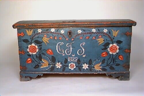Mindre målad kista med smidda beslag. Kistan står på kistfötter. Locket är svagt välvt och sidorna något utåt vinklade. I locket två snörstumpar fastsatta som höll uppe locket. Smidda beslag i form av gångjärn, i sidorna handtag och fram en nyckelskylt och ett lås. Nyckel saknas. I hörnen smidda beslag, tre i varje hörn. Inuti kistan läddika till höger. Kistan är målad med en blå bottenfärg och hörnbeslagen är målade röda. Runt kistlocket är målat en röd ram. En blomsterkrans inramar monogram och årtal: "CJS 1822". Längst ner i kransen en ros, sedan pingstliljor, tulpan, rosknoppar, ros, tulpaner, knoppar och längst upp pingstliljor. Blommorna är målade i rött, vitt och gult. Blad och stängel i svart. Monogrammet i vitt och rött. Baksidan är målad mörkblå eller svart.
