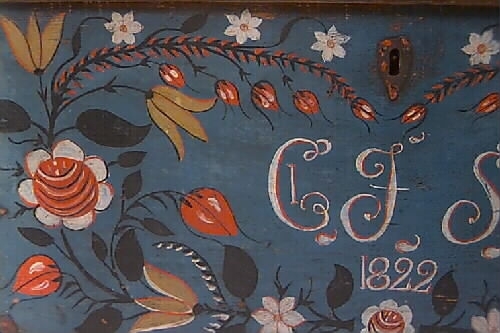 Mindre målad kista med smidda beslag. Kistan står på kistfötter. Locket är svagt välvt och sidorna något utåt vinklade. I locket två snörstumpar fastsatta som höll uppe locket. Smidda beslag i form av gångjärn, i sidorna handtag och fram en nyckelskylt och ett lås. Nyckel saknas. I hörnen smidda beslag, tre i varje hörn. Inuti kistan läddika till höger. Kistan är målad med en blå bottenfärg och hörnbeslagen är målade röda. Runt kistlocket är målat en röd ram. En blomsterkrans inramar monogram och årtal: "CJS 1822". Längst ner i kransen en ros, sedan pingstliljor, tulpan, rosknoppar, ros, tulpaner, knoppar och längst upp pingstliljor. Blommorna är målade i rött, vitt och gult. Blad och stängel i svart. Monogrammet i vitt och rött. Baksidan är målad mörkblå eller svart.