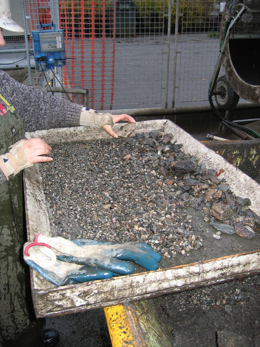 Arbeidsbilde, såldebrett, 1 bøtte såldet.