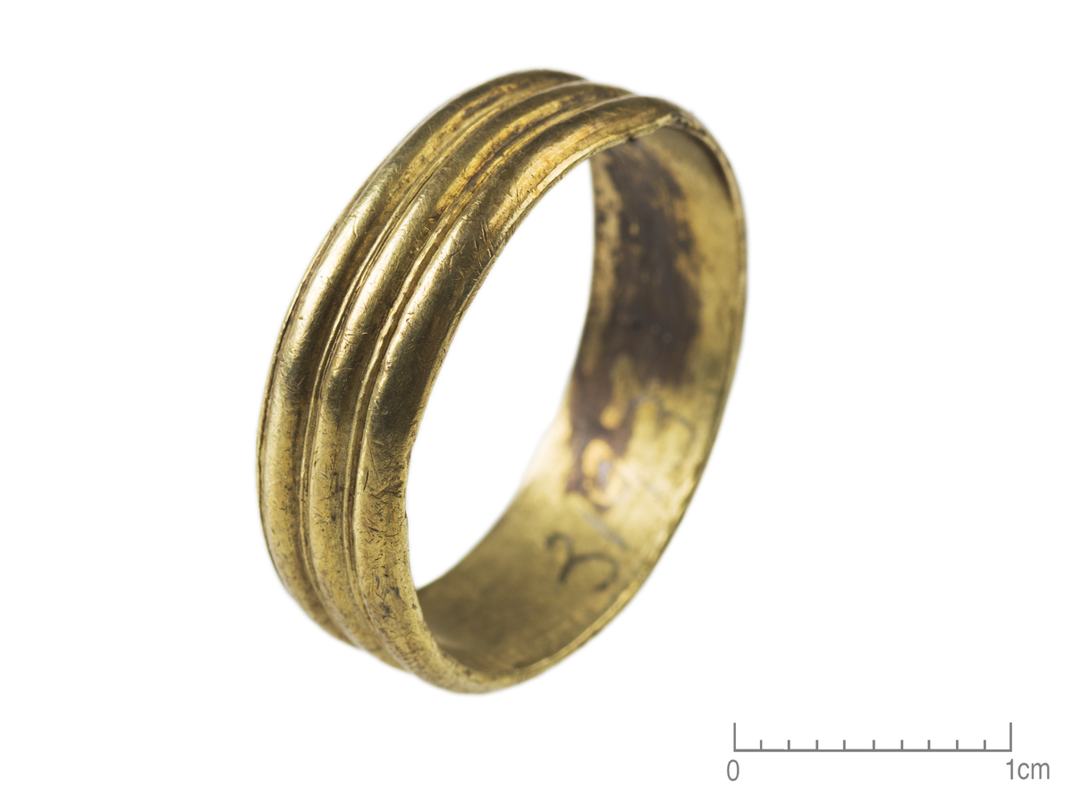 "3193. Fingerring af guld, en saakaldet 3 baands ring, vægt 5 gr. Den er 0,7 cm bred og 2 cm i indre tvermaal." Andersson type 11 var Ib.  