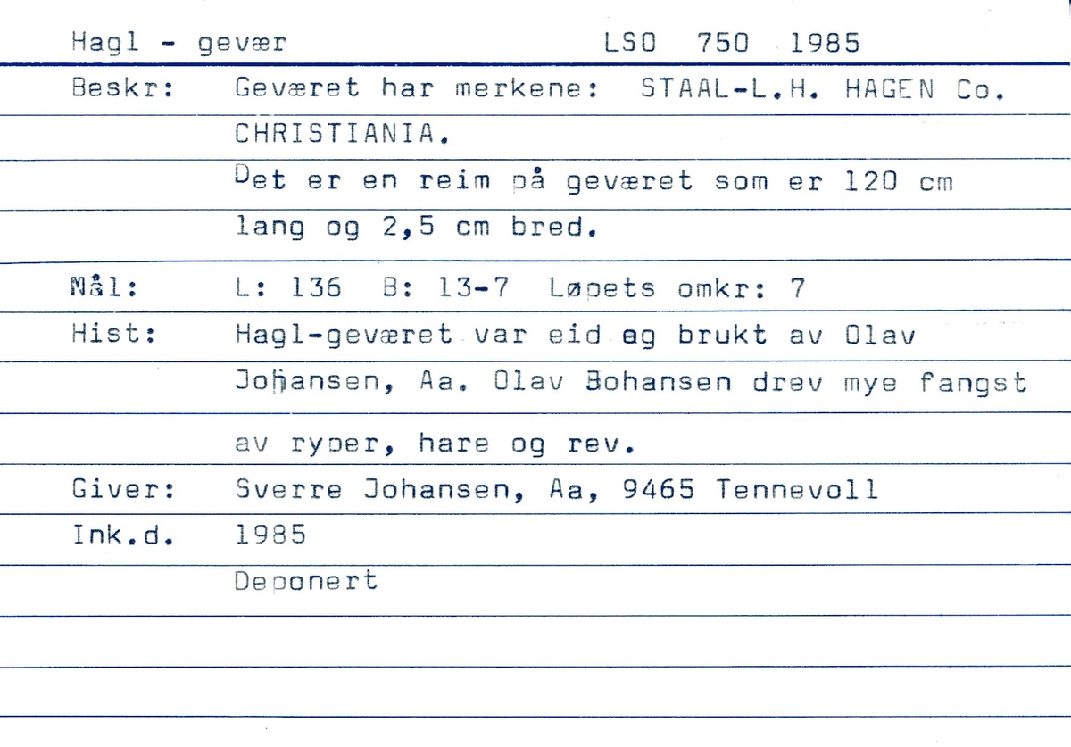 Haglgevær. Trekolbe. Løpet i jern. Beslag i messing. Grønnlig bærereim i tekstil. Kolben er dekorert med et rutemønster i treverket. I følge registrering fra 1985 skal det stå : STAAL-L.H. HAGEN Co. CHRISTIANIA. Finner ikke innskriften på haglgeværet.