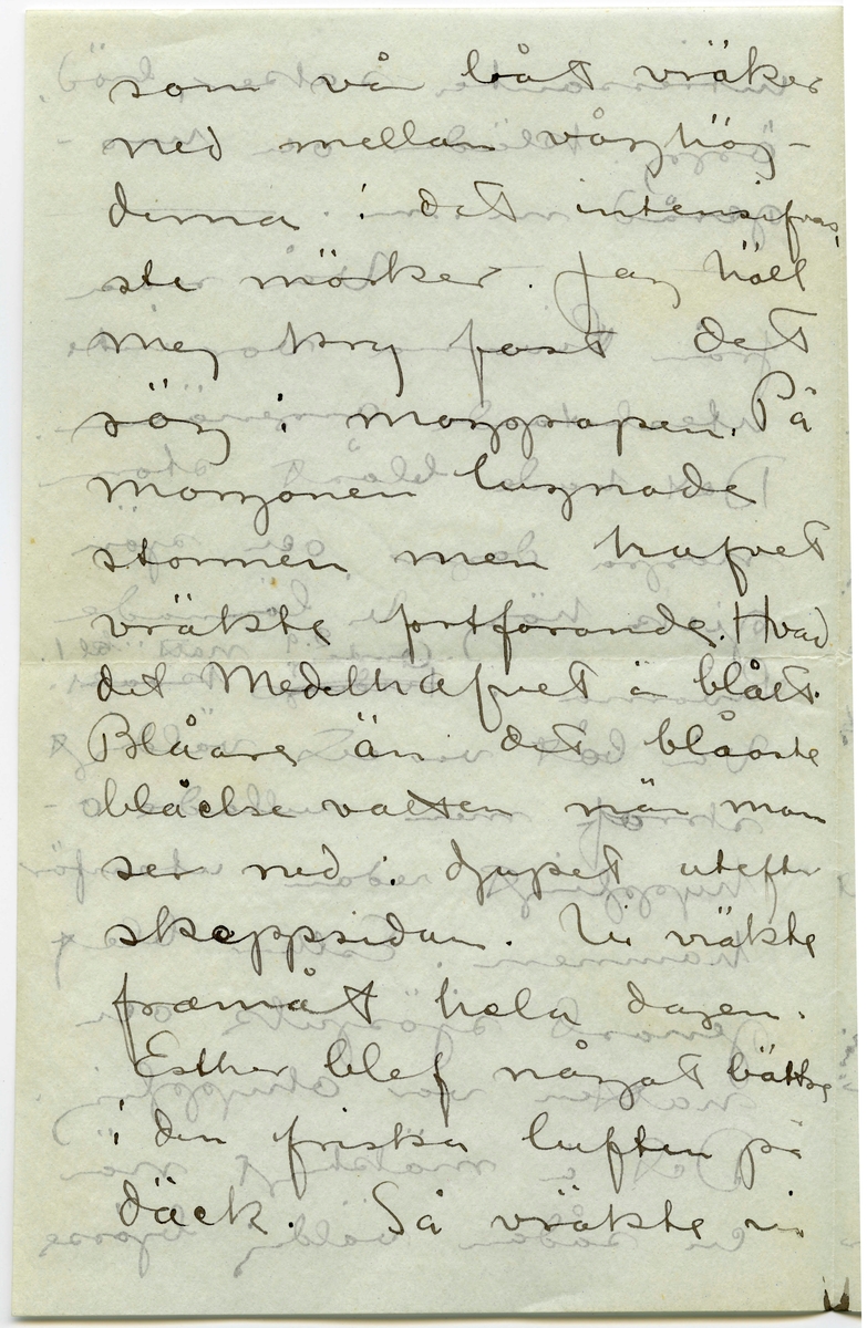 Brev 1908-09-07 från John Bauer till Emma, Joseph, Hjalmar och Ernst Bauer, bestående av åtta sidor skrivna på fram- och baksidan av två vikta pappersark. Huvudsaklig skrift handskriven med svart bläck.  
.
BREVAVSKRIFT:
.
[Sida 1]
Neapel. 7 september 
1908
Kära Pappa, Mamma
Hjalmar och Enne.
Neapel är Neapel. Huru 
många historier har
man inte hört om den
stan, men de ha ändå
inte kunnat gifva en
aning om hvad Ne-
apel är. Här först är
den sydlänska rasen
riktigt utpräglad och 
[överskrivet: l] gatulifvet det mäst in-
fernaliska man kan
tänka sig. Gatuför-
.
[Sida 2]
säljarna och åsnorna
täfla om att öfer-
rösta hvarandra. Och
herre Gud hvad färg!!
Brunstekta och half-
nakna (en del barnungar
fullständigt nakna) ligga
lazaronerna utefter
husväggarna och mellan
husen hänga kläder
till torkning. Frukt,
frukt och frukt.
de härligaste färger
hvart man går. Gå
man smågatorna
går man så godt som
.
[Sida 3]
tvärt genom de fatti-
gas våningar. Om da-
garna bo de nämligen
utanför sina dörrar.
Man kan se dem i de-
ras mest intima
sysselsättningar. Så
denna massa af barn
hälften helt nakna
hälften med en skjorta
som räcker till naveln.
Vesuvius är lugn och
den härliga utsikten
”som man skall se
och dö” från någon 
af de vinöfverhängda
trattorierna på höjden
är sej lik. Det röda
.
[Sida 4]
fyrtornet står kvar,
aldeles som på skräddare
Nyströms taflor.
I Neapels museum
finnes verldens vackraste 
skulpturer. Antik i mar-
mor och brons. Jag har 
varit där nu tre gånger
och alla gångerna kommit
i fullständig extas. Det
har kittlat i magropen
och i fingerspetsarna, jag
vill både skratta och
gråta. Det är konst.
Det flästa är uppgräf-
ningar från Pompei.
Bland dessa finnas
naturligtvis en massa
.
[Sida 5]
intressanta saker, bröd,
ägg, kläder och hus-
geråd m..m. [inritade streck]
Vår resa 
från Livorno var inte
uteslutande angenäm.
Det hade blåst storm
nogra dagar och sjön
gick hög. Vi lämnade
Livorno i [överstruket: Tisdags kväll] [inskrivet: Onsdag 2.9. natt kl 1.]
Vår båt var ett väldigt
skrof men rullade o-
hyggligt redan utanför
hamnen. Esther blef
genast sjösjuk och
natten var ohygglig.
Det är mäktigt när
en sådan väldig bjässe
.
[Sida 6]
som vår båt vräker
ned mellan våghöj-
derna i det intensifvas
ste mörker. Jag höll
mej kry fast det
sög i maggropen. På
morgonen lugnade
stormen men hafvet 
vräkte fortfarande. Hvad
det Medelhafvet är blått.
Blåare än det blåaste
blåelse vatten när man
ser ned i djupet utefter
skeppsidan. Vi vräkte
framåt hela dagen.
Esther blef något bättre
i den friska luften på 
däck. Så vräkte vi 
.
[Sida 7]
framåt åter en hel
natt. Den 4de på mor-
gonen voro vi andtligen
i Napoli.
Vi bo i ett litet danskt
pensionat som förestås
af en fortjusande Itali
enska. Om några
dagar fara vi öfver
till Capri. Här är 
mycke varmt men
då och då komma
friska fläktar från
hafvet. [inritat streck]
Mitt kreditbref
är nu slut. Hur
skall jag göra? Skall
det sändas hem till
banken? Jag väntar
.
[Sida 8]
i dagarna pengar från
Göteborg så jag reder 
mej ännu en tid
bortåt. [inritat streck] Det
billiga Italien tog slut
för länge sedan, nu
mera kan det godt
mäta sig med sverige.
6 lire pr. dag för helpension
är det billigaste en människa
kan lefva här d.v.s.
någorlunda hyggligt.
Pensionsystemet är absolut
det billigaste. Egentligen
borde man vara millionär.
Det är inte så dumt när
man är ute och reser.
Hoppas ni alla 
må bra. Esther hälsar
så mycke. John.
[inskrivet på tvären i vänster marginal: adr. tills vidare. Pension Dinesen
Piazza Arnedo (Palazzo Aequavia) Napoli]