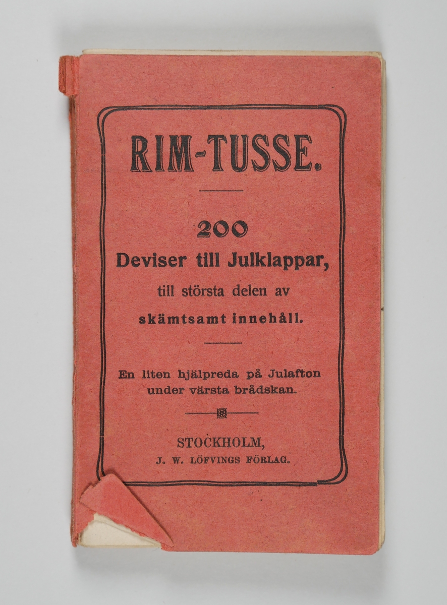 Småtryck

1.  Rim-tusse. 200 Deviser till Julklappar (---)
Stockholm, 1907
109 sidor

2.  Blomsterspråket. Folkskrifter no 2.
Norrköping, 1888
16 sidor

3.  Kortspråket. Folkskrifter no 3.
Norrköping, 1888
21 sidor

4.  Punkterkonsten eller sättet att förutsäga egna och andras öden. Folkskrifter no 5.
Norrköping, 1888
36 sidor