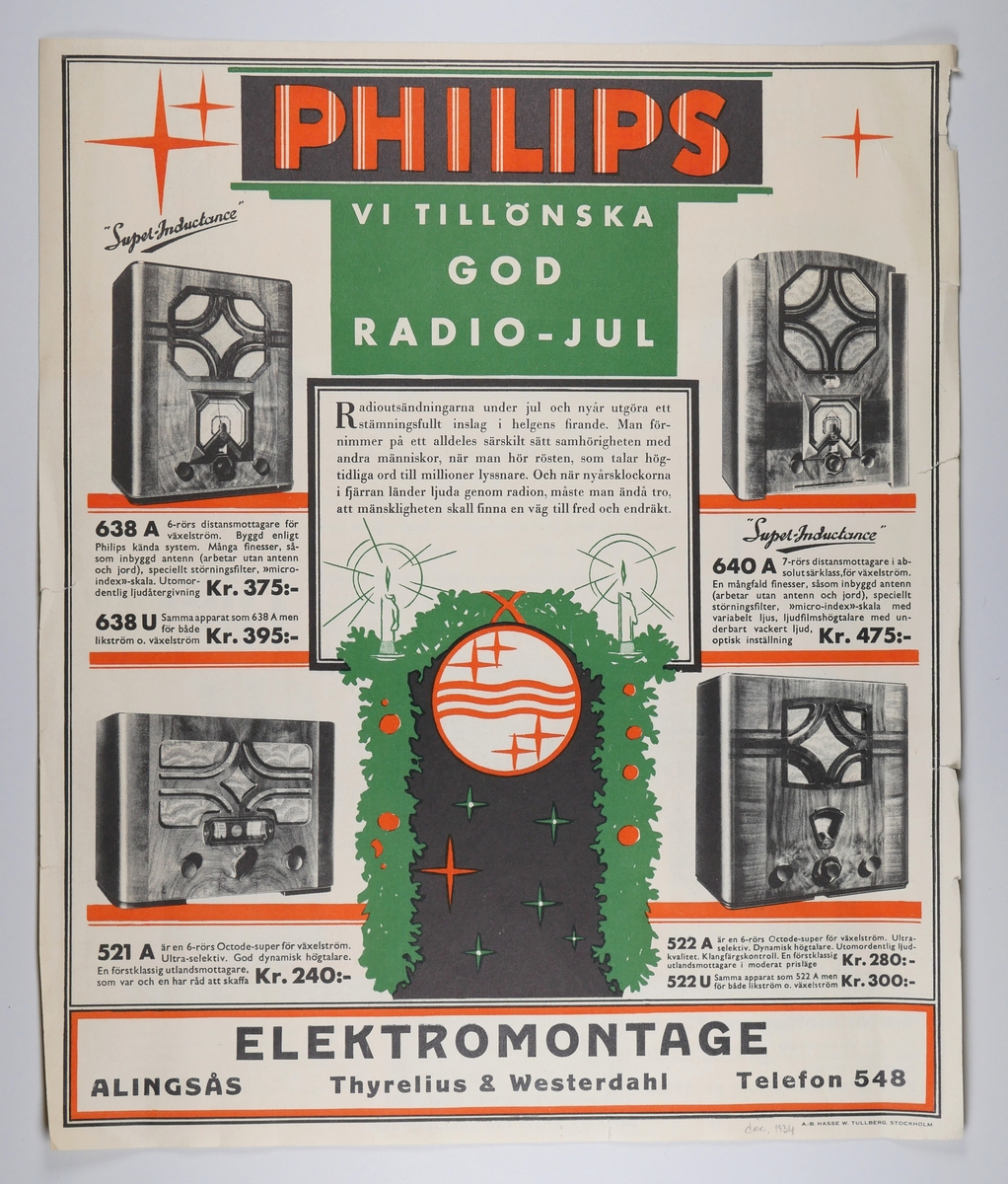 Reklamblad som varit inbladade i Alingsås Tidning.

1.  'Philips, vi tillönska god radio-jul'
Återförsäljare Elektromontage, Thyrelius & Westerdahl, Alingsås.
Medföljde AT i december 1934.

2.  'Philips, radionyheter'
Återförsäljare dito.
Medföljde AT 9 november 1934.

3.  'Harmoni uppnådd!. LuxorRadio.
Återförsäljare Torins, Alingsås.
Medföljde AT 1937.

Samtliga med tryck på båda sidorna, färgtryck.