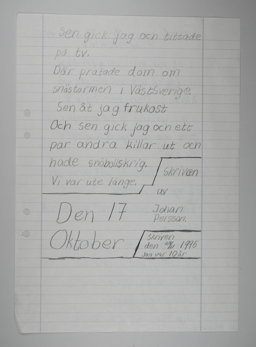 Snöstormen 16 - 17 november 1995.

En samling berättelser skrivna av elever i årskurs 4, Nolbyskolan Alingsås.

Ett omslag med två fotografier med 39 lösa A4-blad. 
Totalt 31 berättelser, från en halv sida till sju sidor.

Läraren Annemor Kirkbakk sammanställde och lämnade till Alingsås museum.
