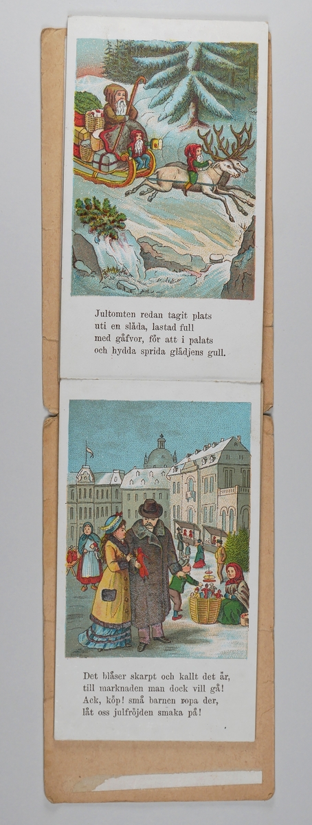 Jul- och gratulationskort.

1. Julalbum med 12 illustrationer i färg och 12 julverser.
Dragspelsvikning.
Joseph Leja's Exposition Stockholm
Joseph Leja var ett varuhus i Stockholm på 1800-talets andra hälft.

2. Gratulationskort med illustration av röd, rosa och vit nejlika.
Rörliga delar men trasigt.
På baksidan står: 
'af Moster Emma 1886'