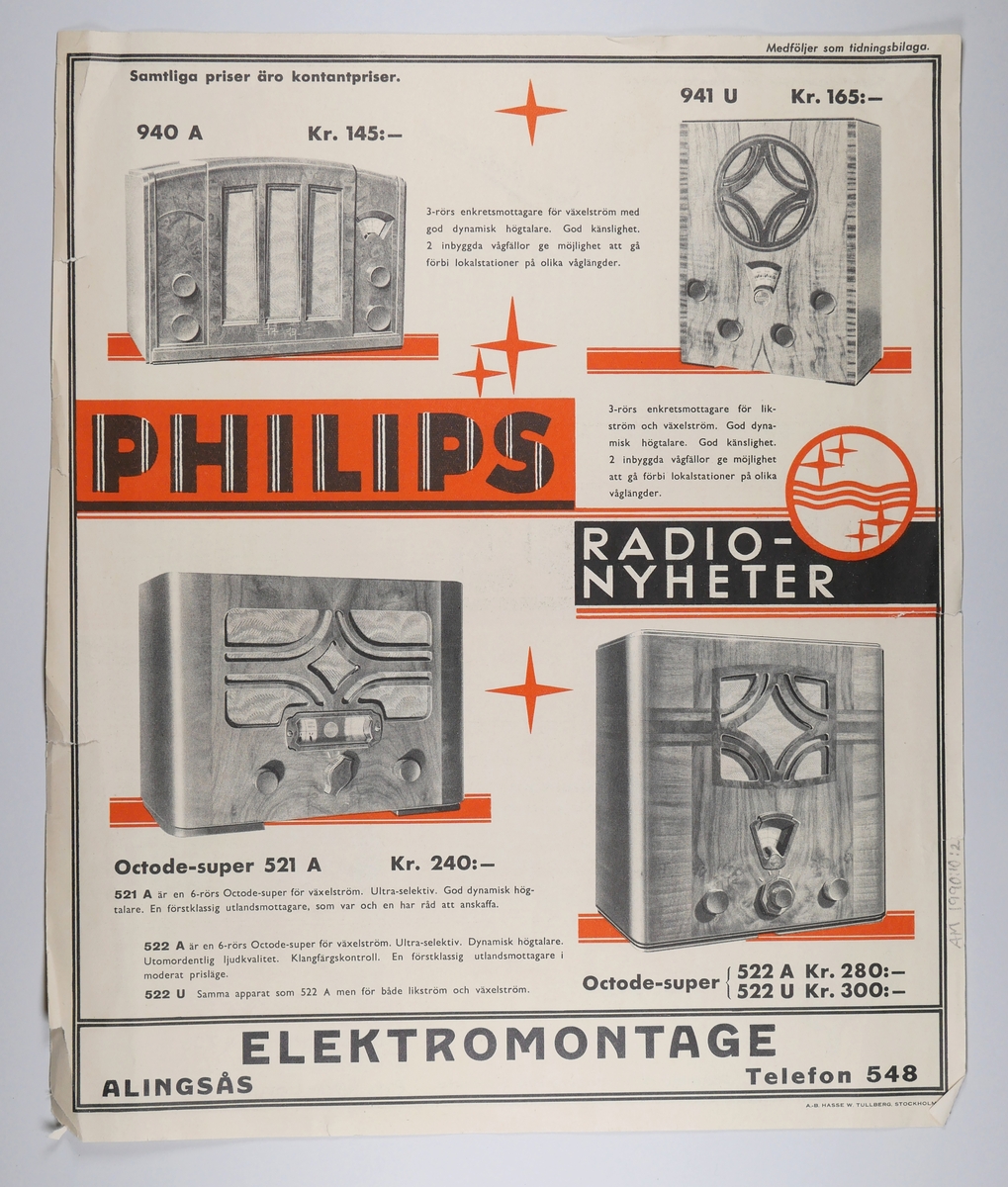 Reklamblad som varit inbladade i Alingsås Tidning.

1.  'Philips, vi tillönska god radio-jul'
Återförsäljare Elektromontage, Thyrelius & Westerdahl, Alingsås.
Medföljde AT i december 1934.

2.  'Philips, radionyheter'
Återförsäljare dito.
Medföljde AT 9 november 1934.

3.  'Harmoni uppnådd!. LuxorRadio.
Återförsäljare Torins, Alingsås.
Medföljde AT 1937.

Samtliga med tryck på båda sidorna, färgtryck.