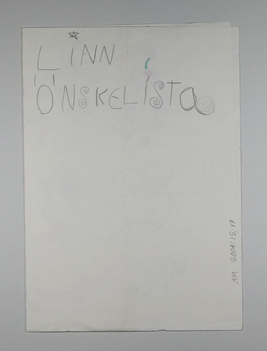 Önskelista

1 - 25.
Önskelistor till tomten.

Under helgen 29 - 30 november 2003 hade Alingsås museum en skaparverkstad med tomte på plan 4. Barnen skrev och ritade och klistrade sina önskelistor och lämnade dessa till tomten. Programmet var en del av skyltsöndag med tomteparad och julmarknad.

Blandad ålder på barnen.

Olika papper och tekniker, även pålimmade paljetter som delvis ramlar av.

Det insamlade materialet är ett urval.