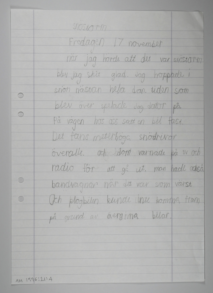 Snöstormen 16 - 17 november 1995.

En samling berättelser skrivna av elever i årskurs 4, Nolbyskolan Alingsås.

Ett omslag med två fotografier med 39 lösa A4-blad. 
Totalt 31 berättelser, från en halv sida till sju sidor.

Läraren Annemor Kirkbakk sammanställde och lämnade till Alingsås museum.