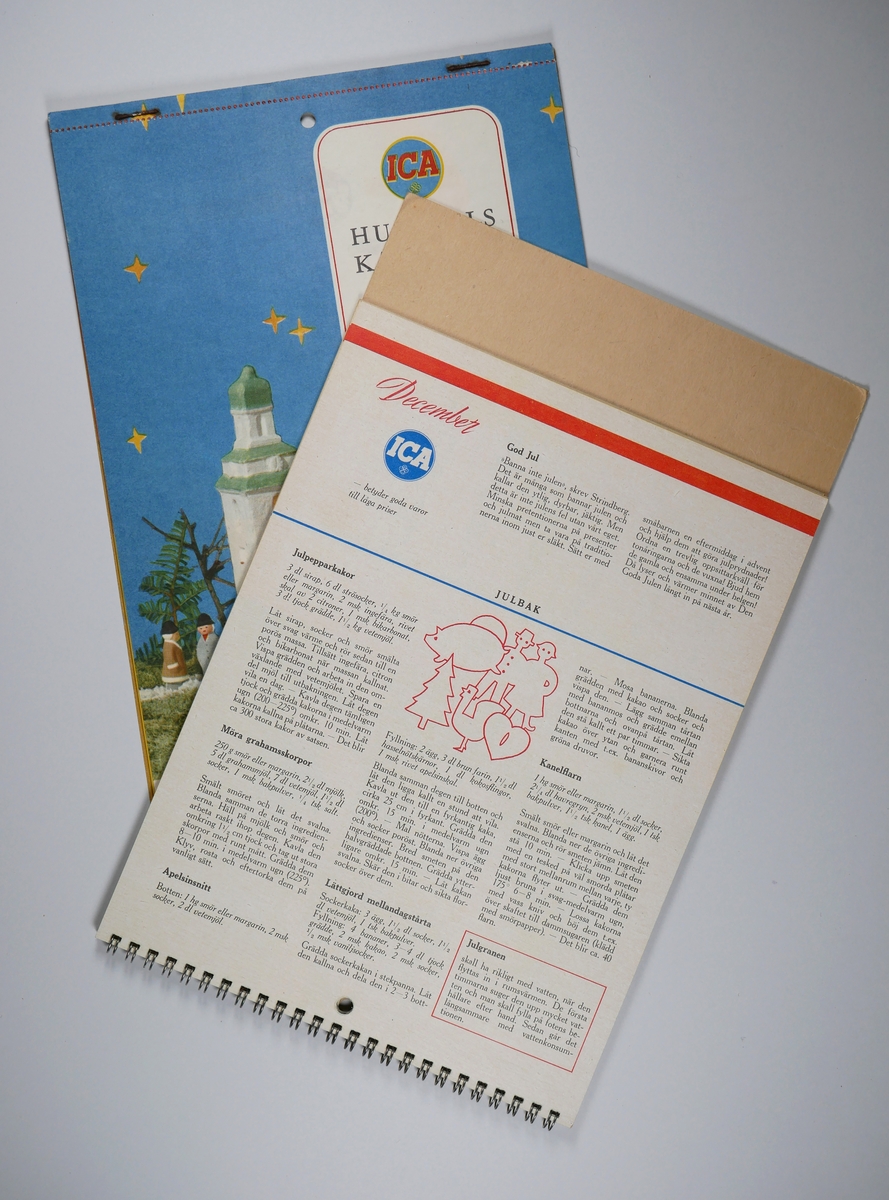 Väggalmanacka

1.  Hushållskalender 1954.
Gott nytt år från er Ica-handlare.

2.  dito 1957.


Månadsblad med illustration, monterade på kartong med tryck:
Sandbers specerier, Nygatan 11 Alingsås.

Telefonnummer 1954: 15 resp 2412
Telefonnummer 1957: 100 15 resp 124 12