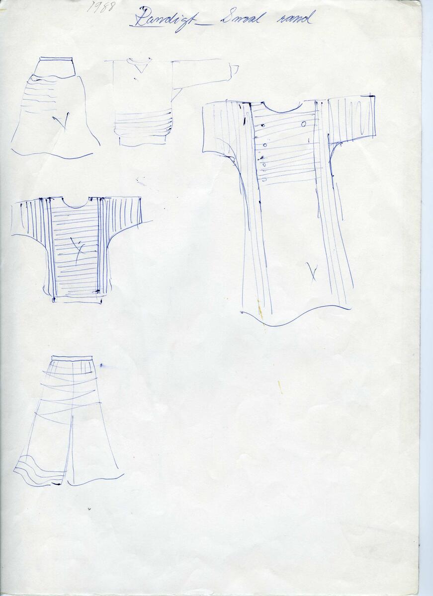 Skisser till olika herr, dam, barn och babykläder. Postorderkatalog, JACIE, Sommaren 1988 dam och barnkläder.