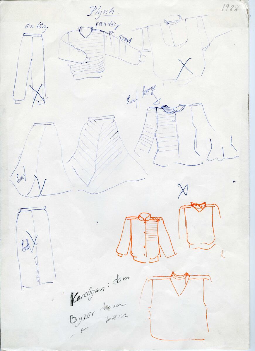 Skisser till olika herr, dam, barn och babykläder. Postorderkatalog, JACIE, Sommaren 1988 dam och barnkläder.