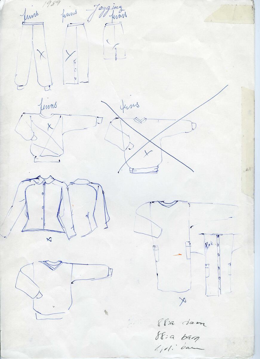 Skisser till olika herr, dam, barn och babykläder. Postorderkatalog, JACIE, Sommaren 1988 dam och barnkläder.
