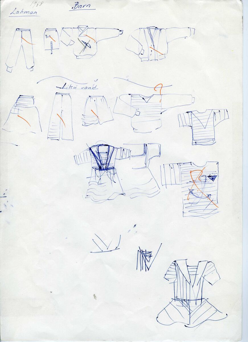 Skisser till olika herr, dam, barn och babykläder. Postorderkatalog, JACIE, Sommaren 1988 dam och barnkläder.