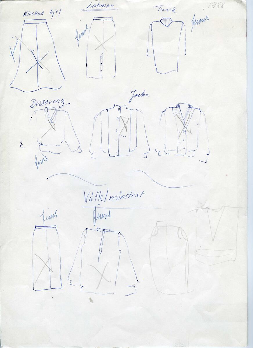 Skisser till olika herr, dam, barn och babykläder. Postorderkatalog, JACIE, Sommaren 1988 dam och barnkläder.