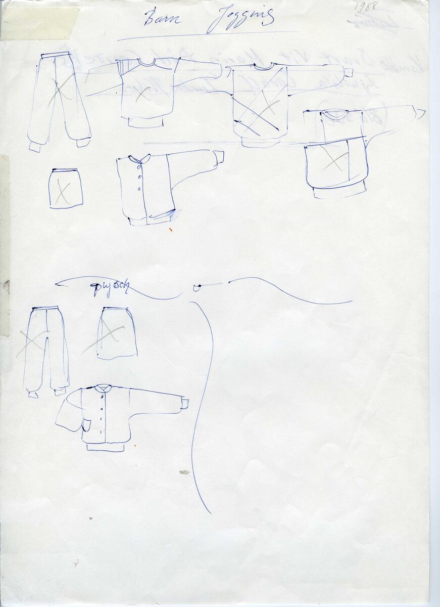 Skisser till olika herr, dam, barn och babykläder. Postorderkatalog, JACIE, Sommaren 1988 dam och barnkläder.